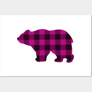 Rustic Country bear design, pink buffalo plaid pattern Posters and Art